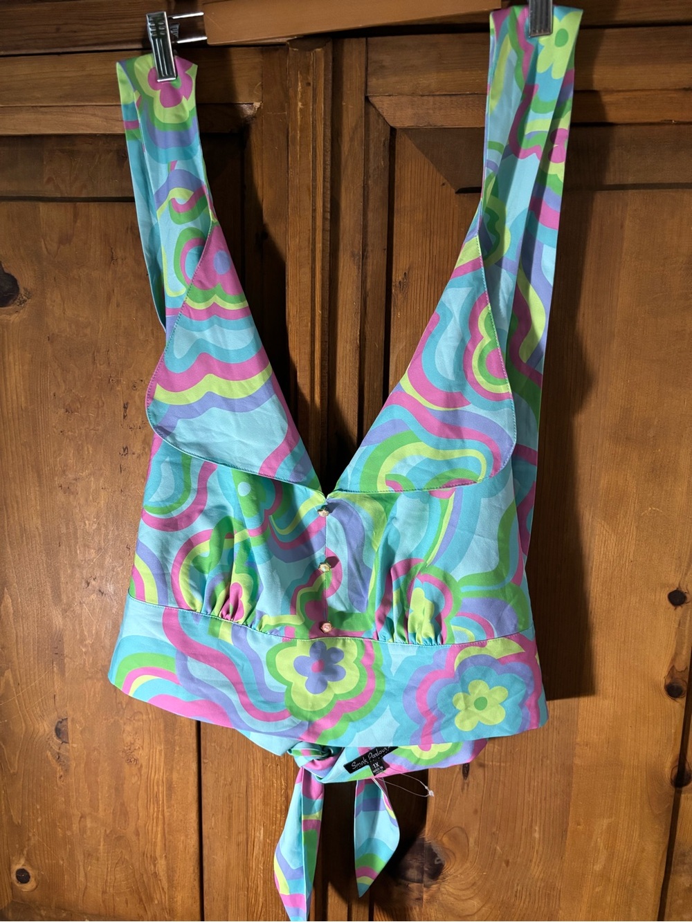Retro Floral Tie-Back Halter Crop Top - Aqua Multi